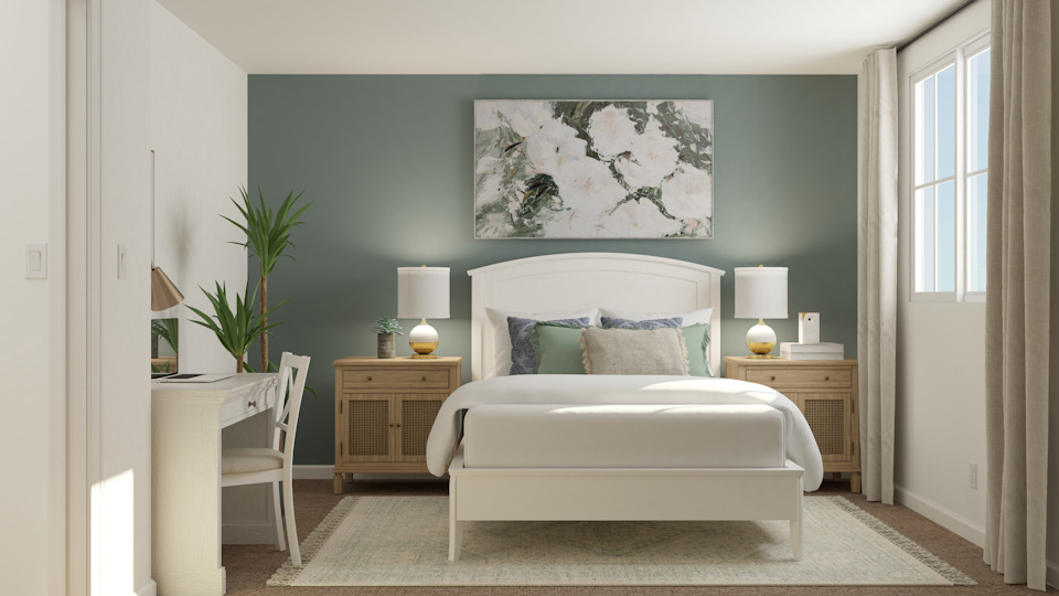 A room with a bed and a chair.