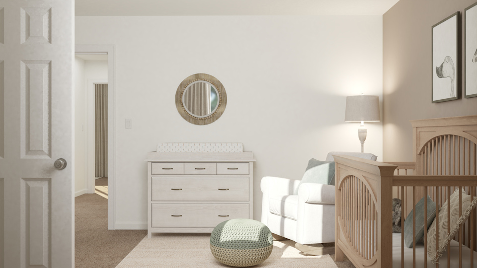 A room with a mirror and a bed.