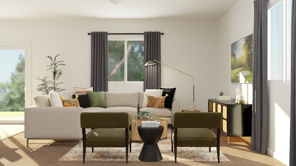 A living room with a couch and chairs.