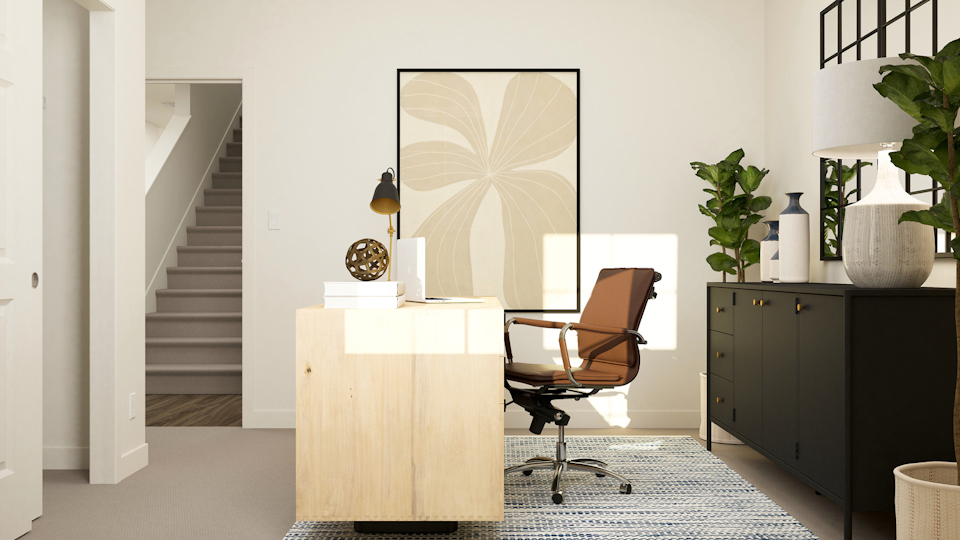 A room with a desk and a chair.