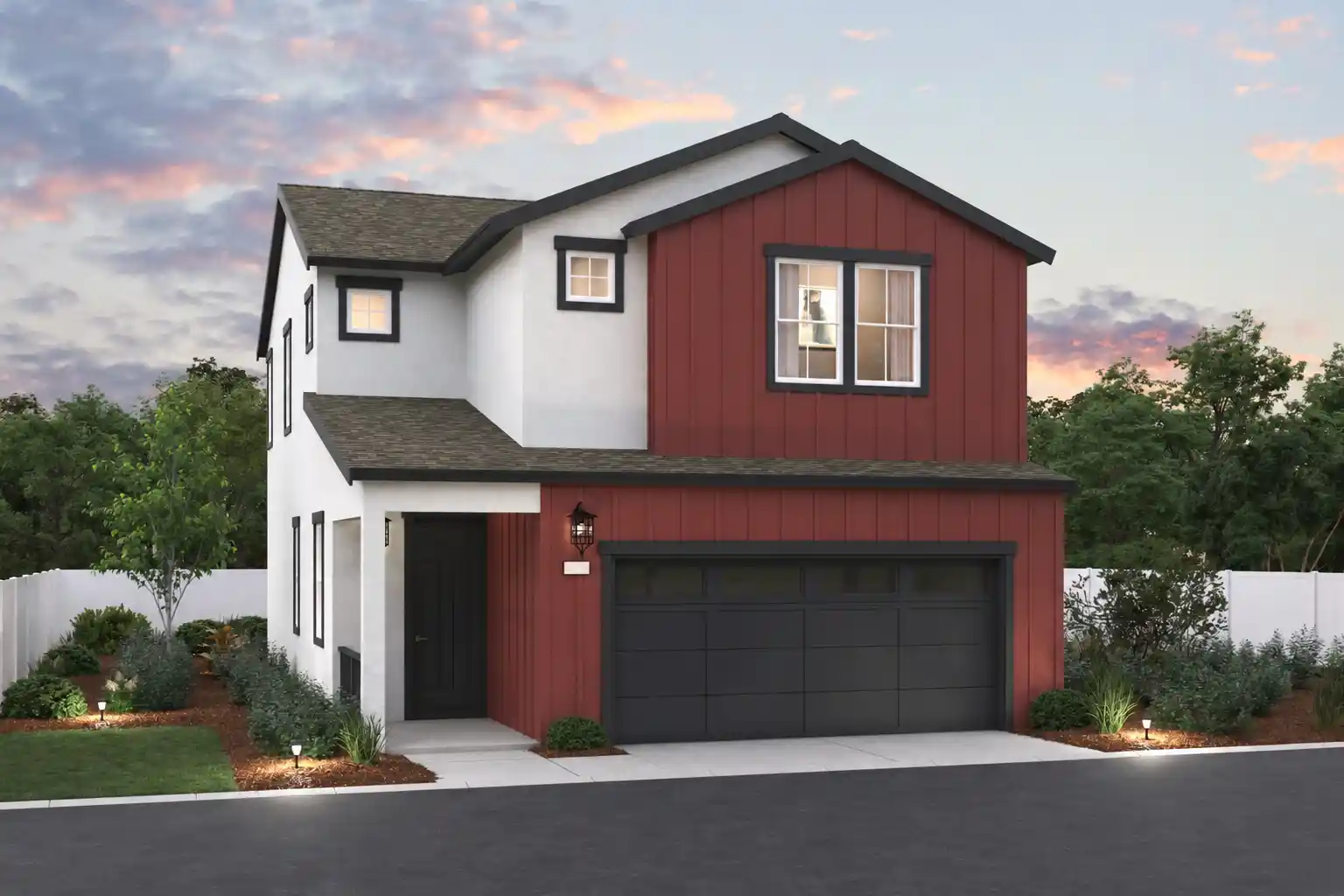 A red house with a garage.