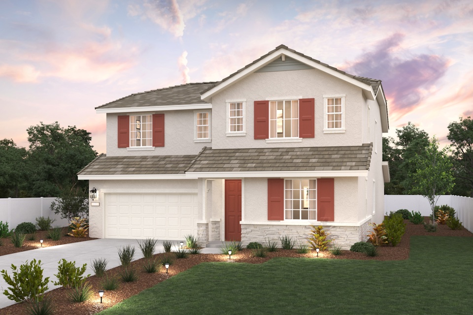 A white house with red shutters.