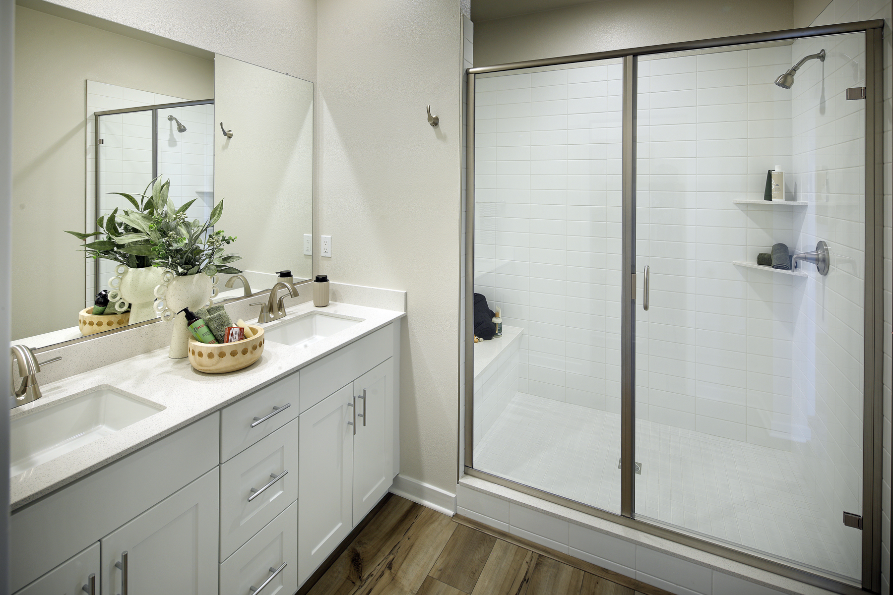 A bathroom with a glass shower.