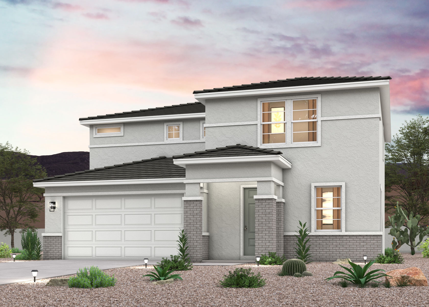 Twilight rendering of the front of a 2-Story home with 2 car garage in Surprise, AZ
