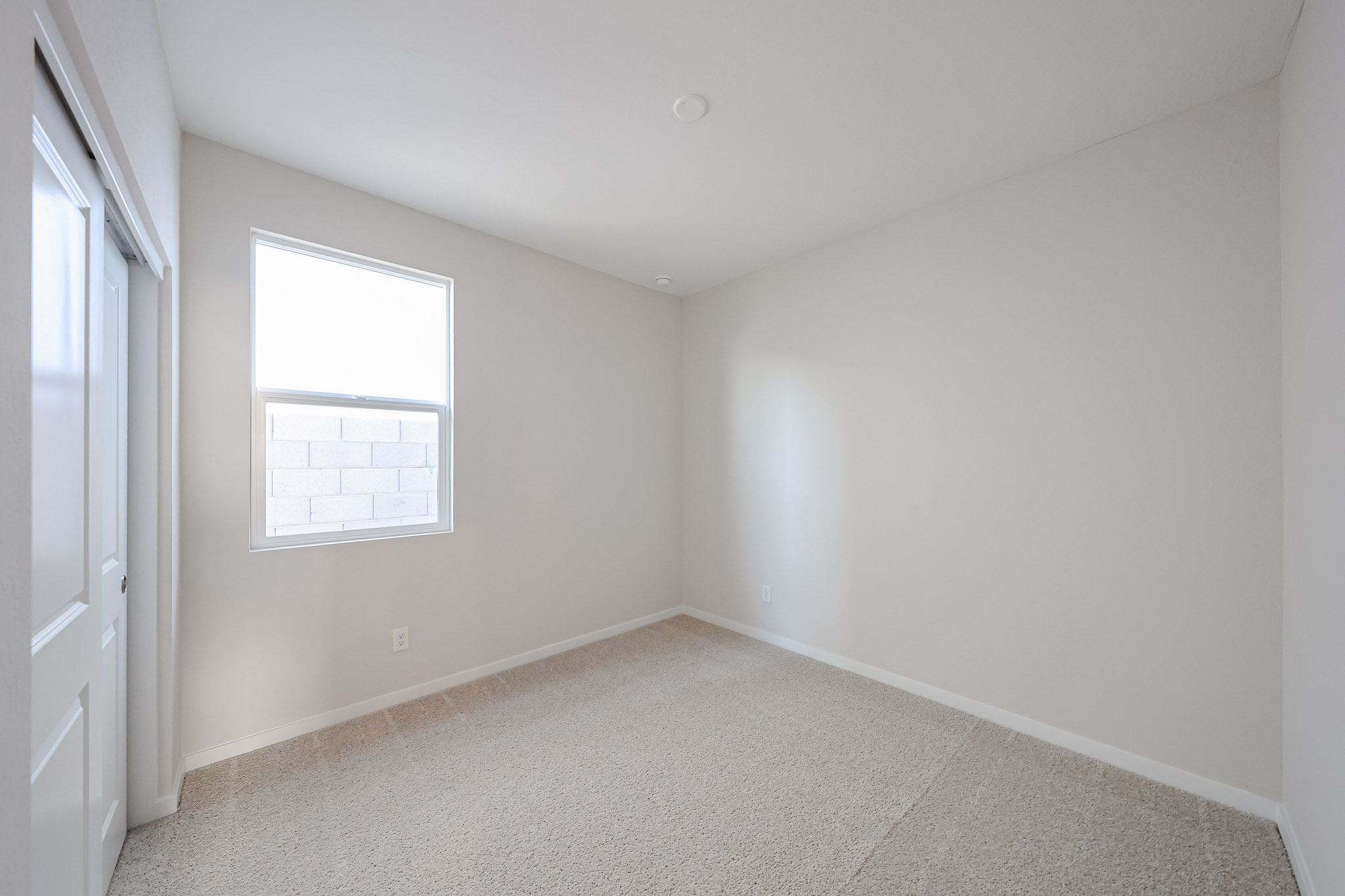 A room with a window and a carpet.