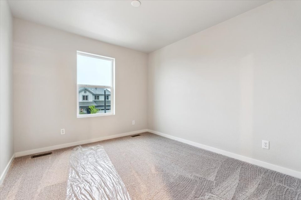 A room with a rug and a window.