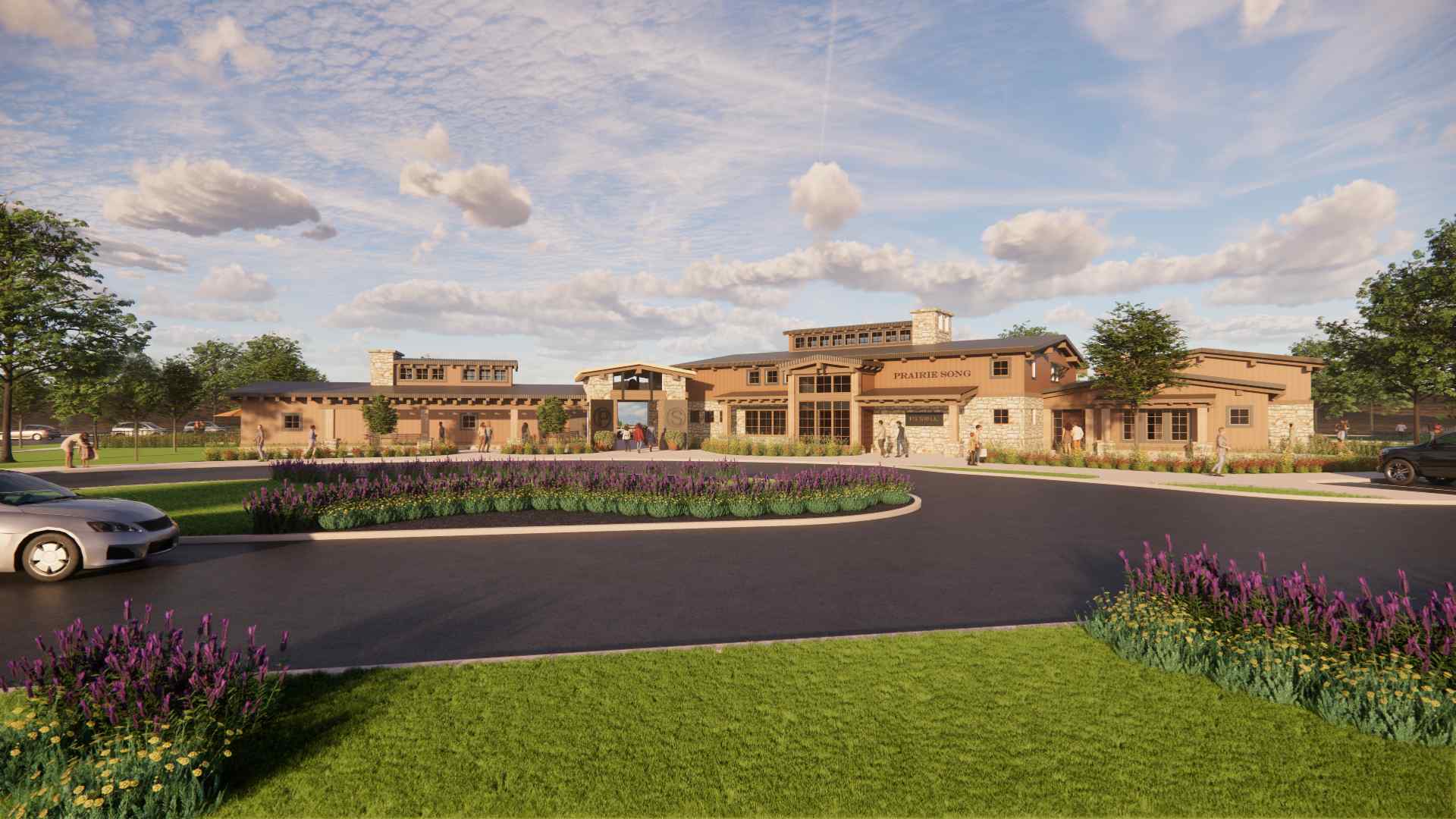 A large building with a parking lot.