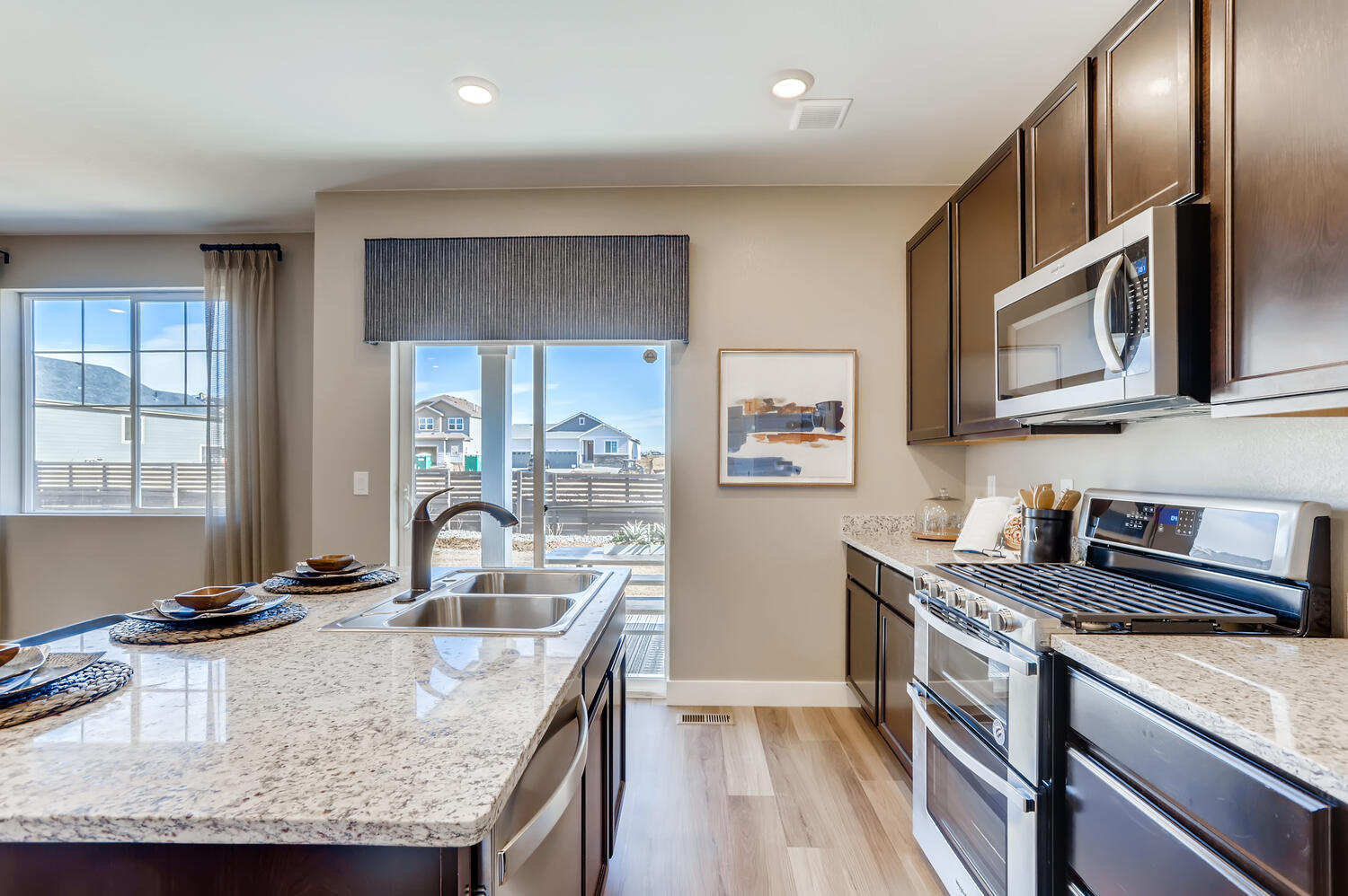 A kitchen with a large island.