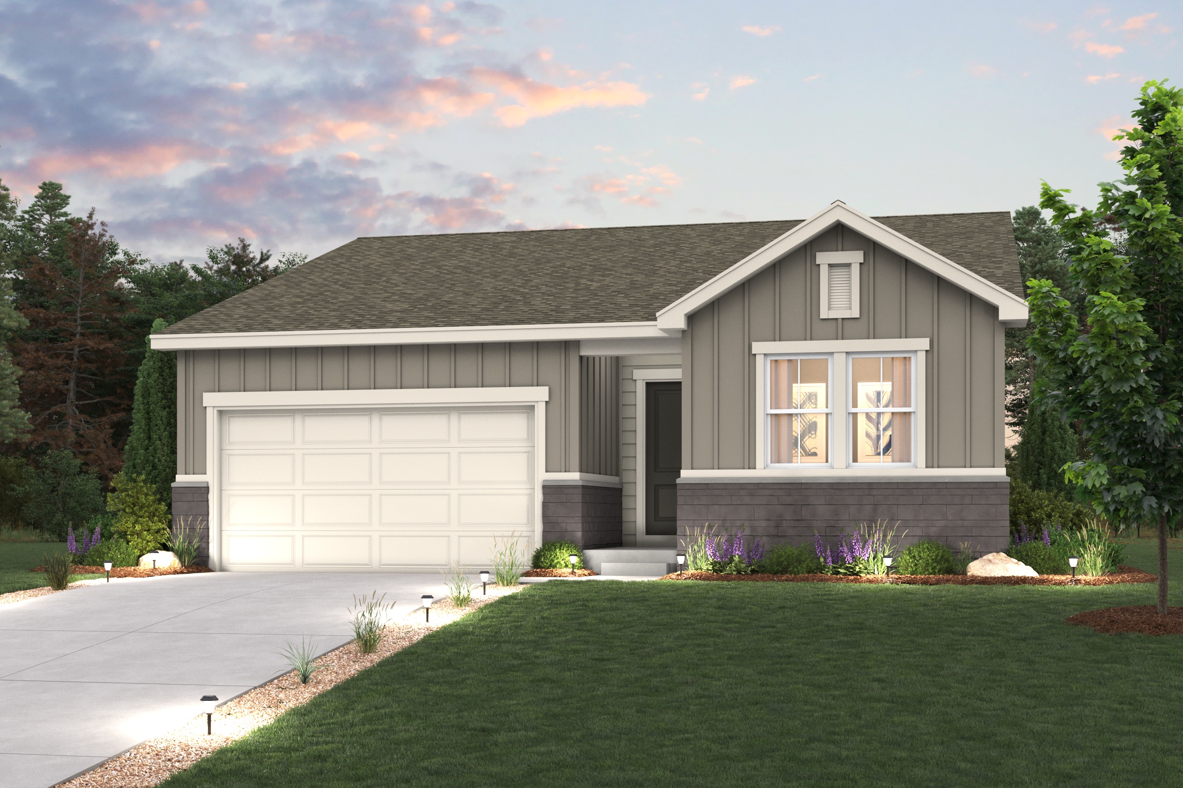 A house with a garage. Elevation A Cimarron Rendering of home with landscaping and drvieway