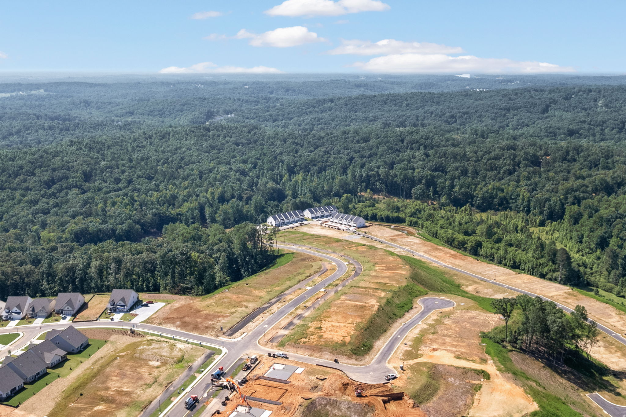 A road with trees and buildings.