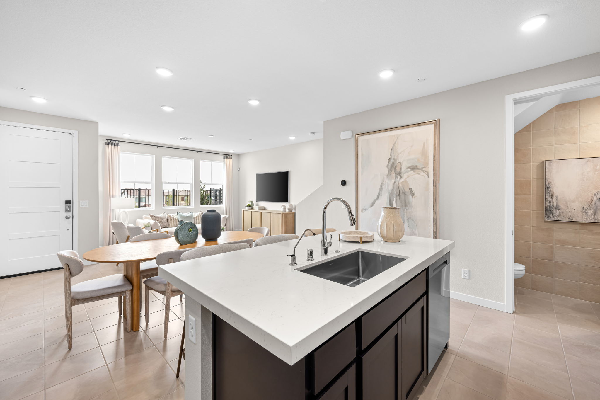 A kitchen with a large island.