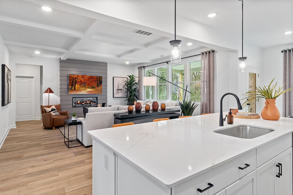 A kitchen with a large island.