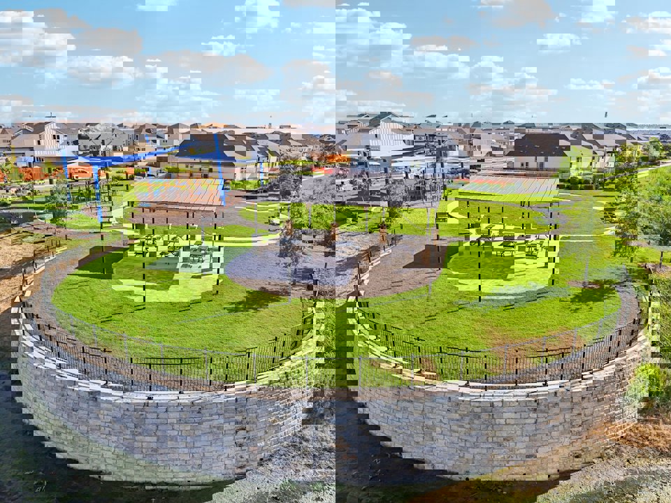 A golf course with a swimming pool.