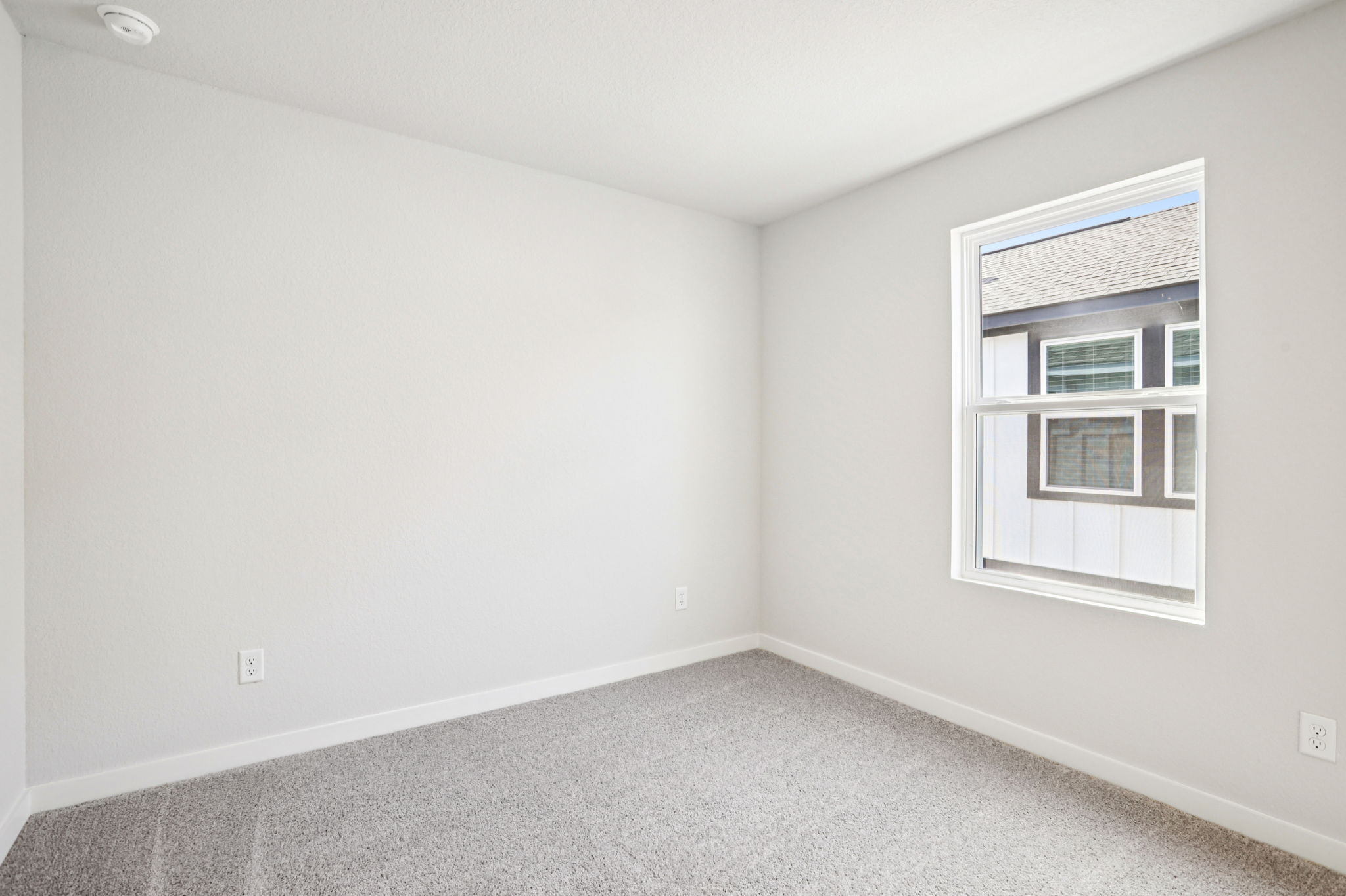 A room with a window and a carpet.