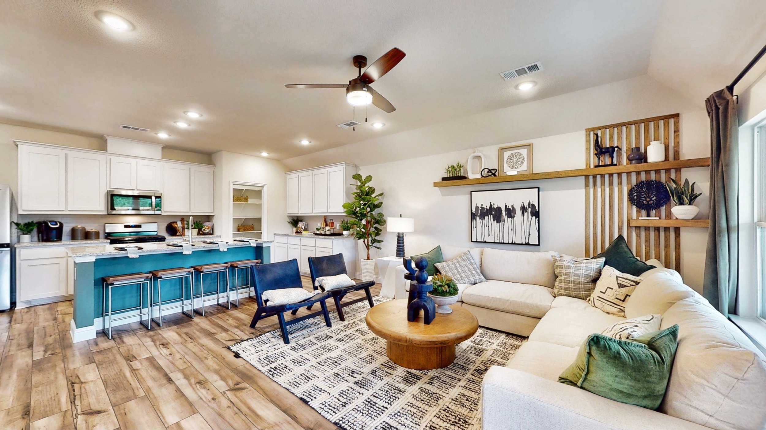 A living room with a large island.