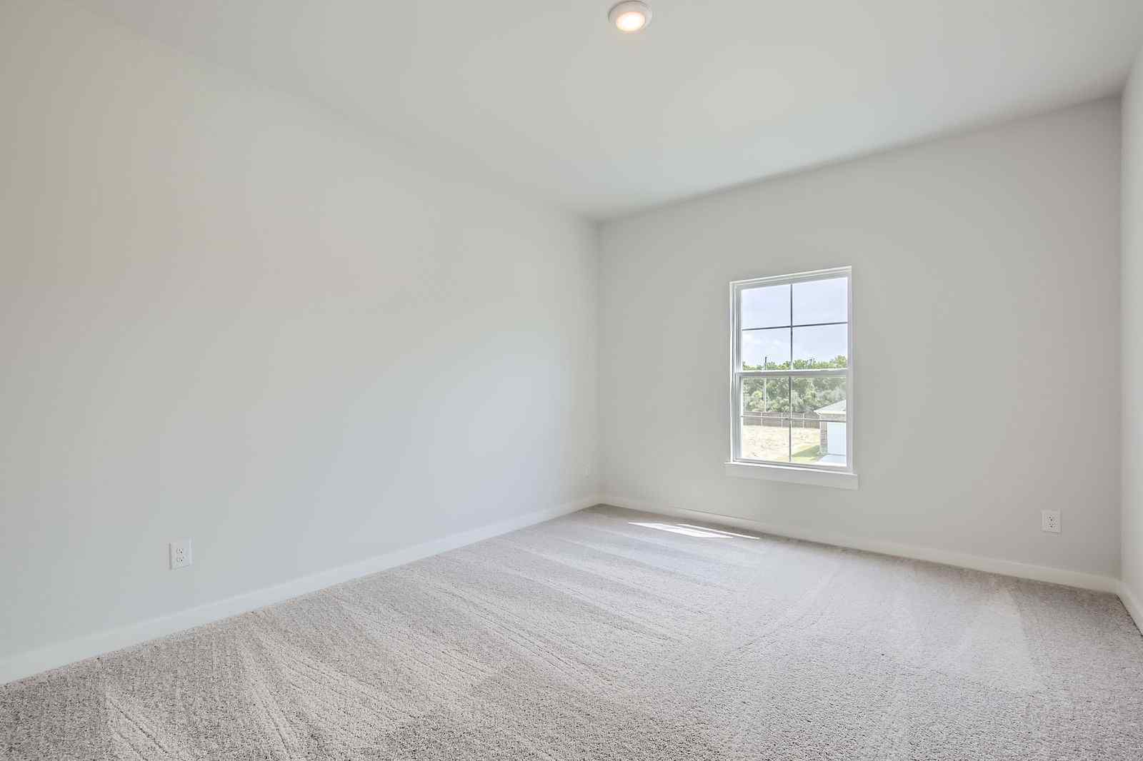 A room with a window and a carpet.