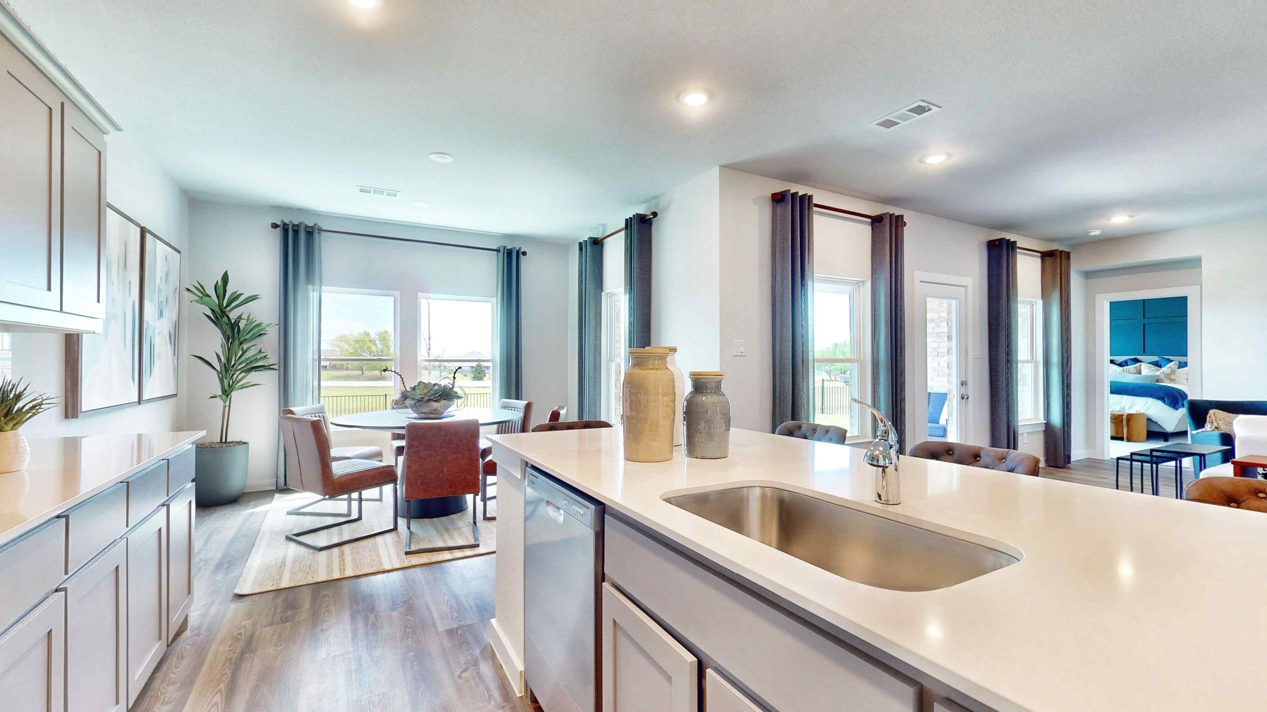 A kitchen with a large island.