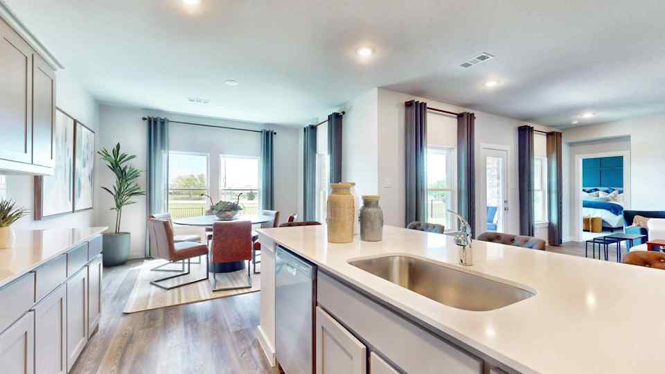 A kitchen with a large island.