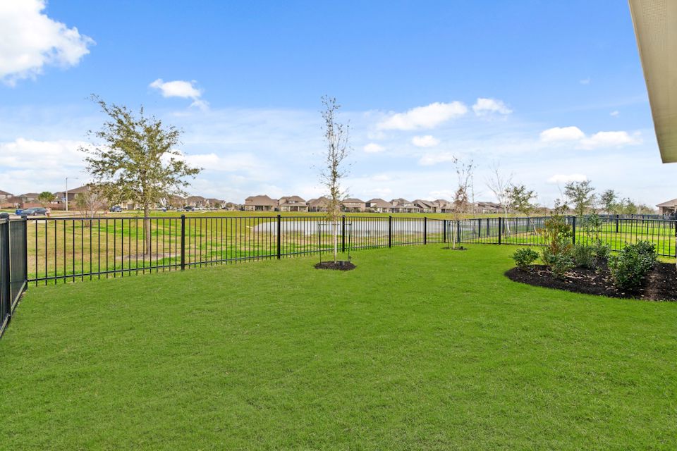 A green lawn with a fence and trees.