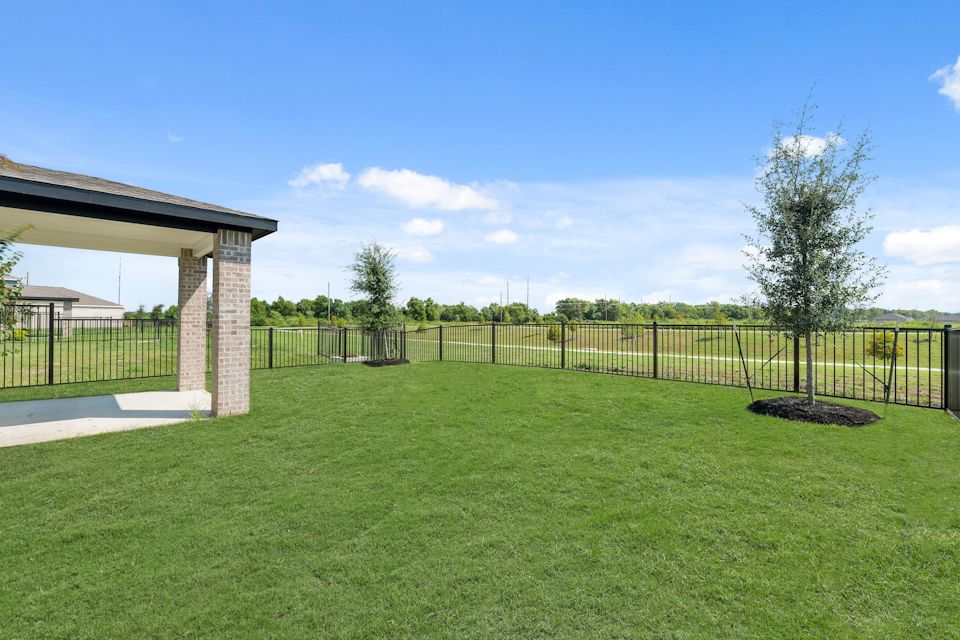 A large green lawn with a fence and a tree.