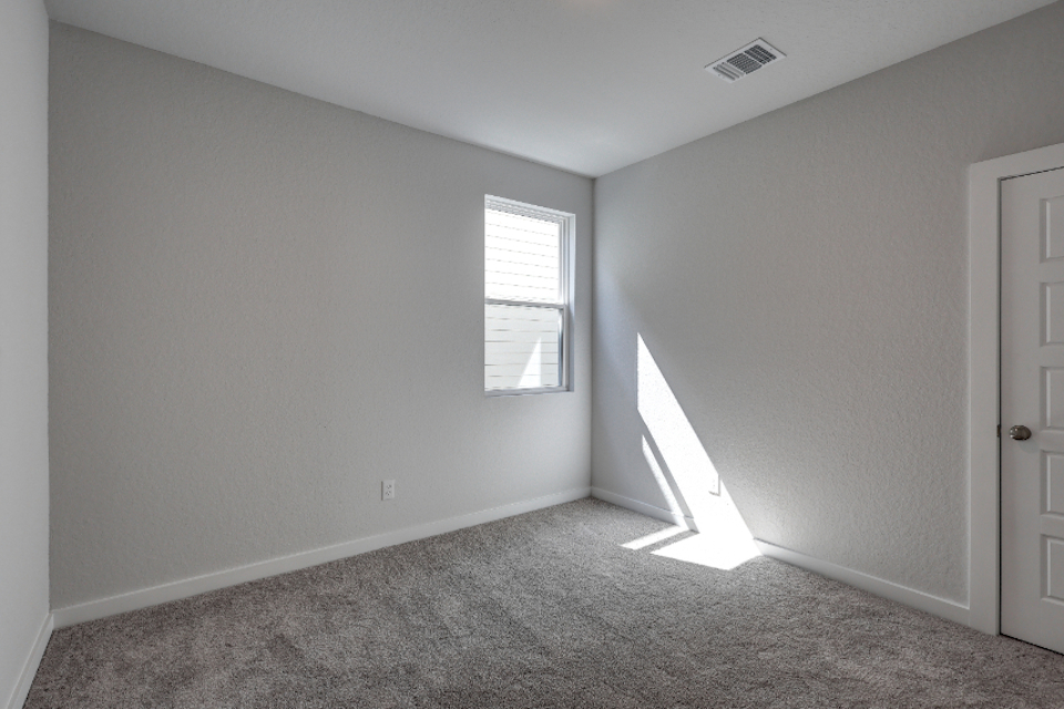 A room with a carpet and a door.