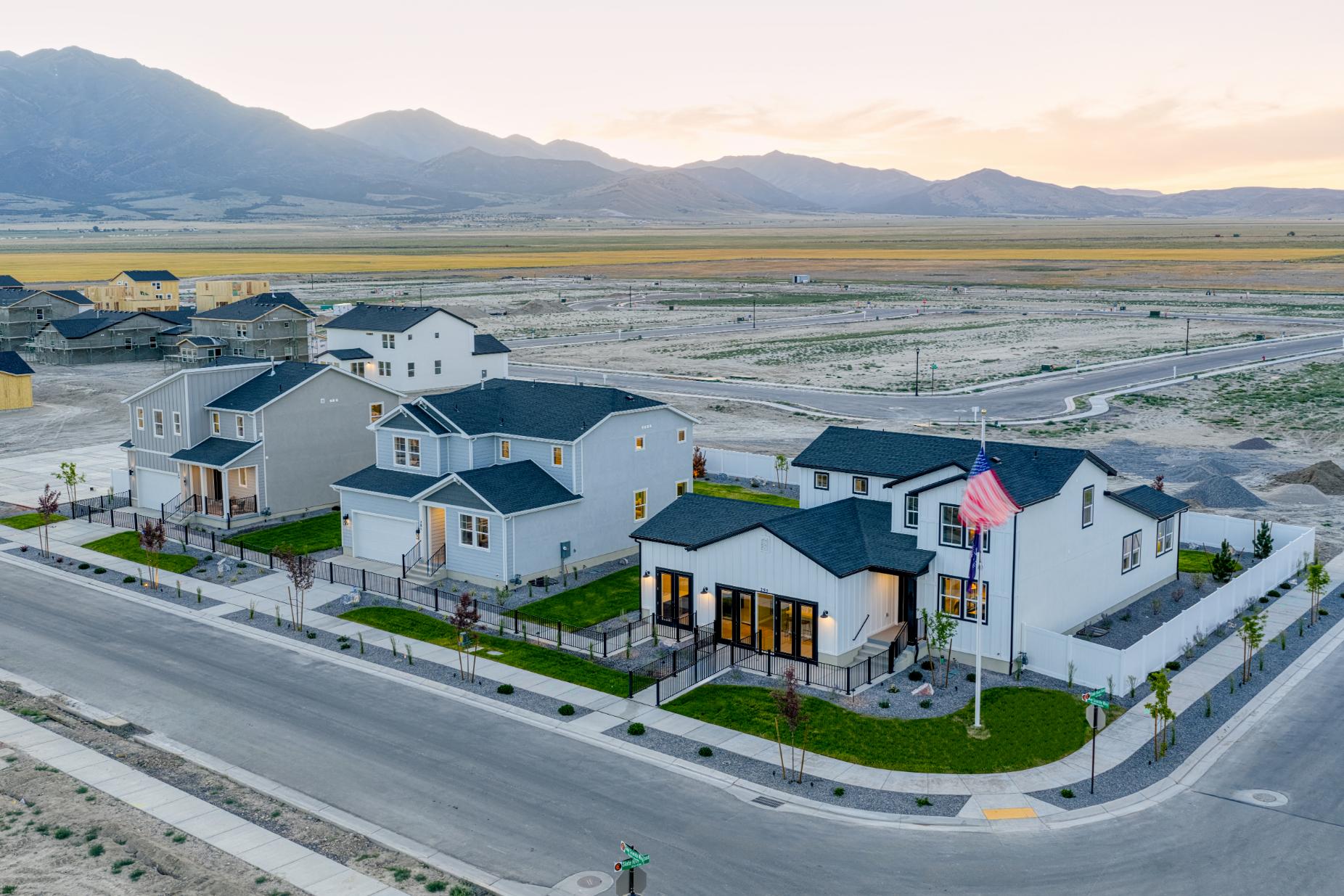 A row of houses on a road.