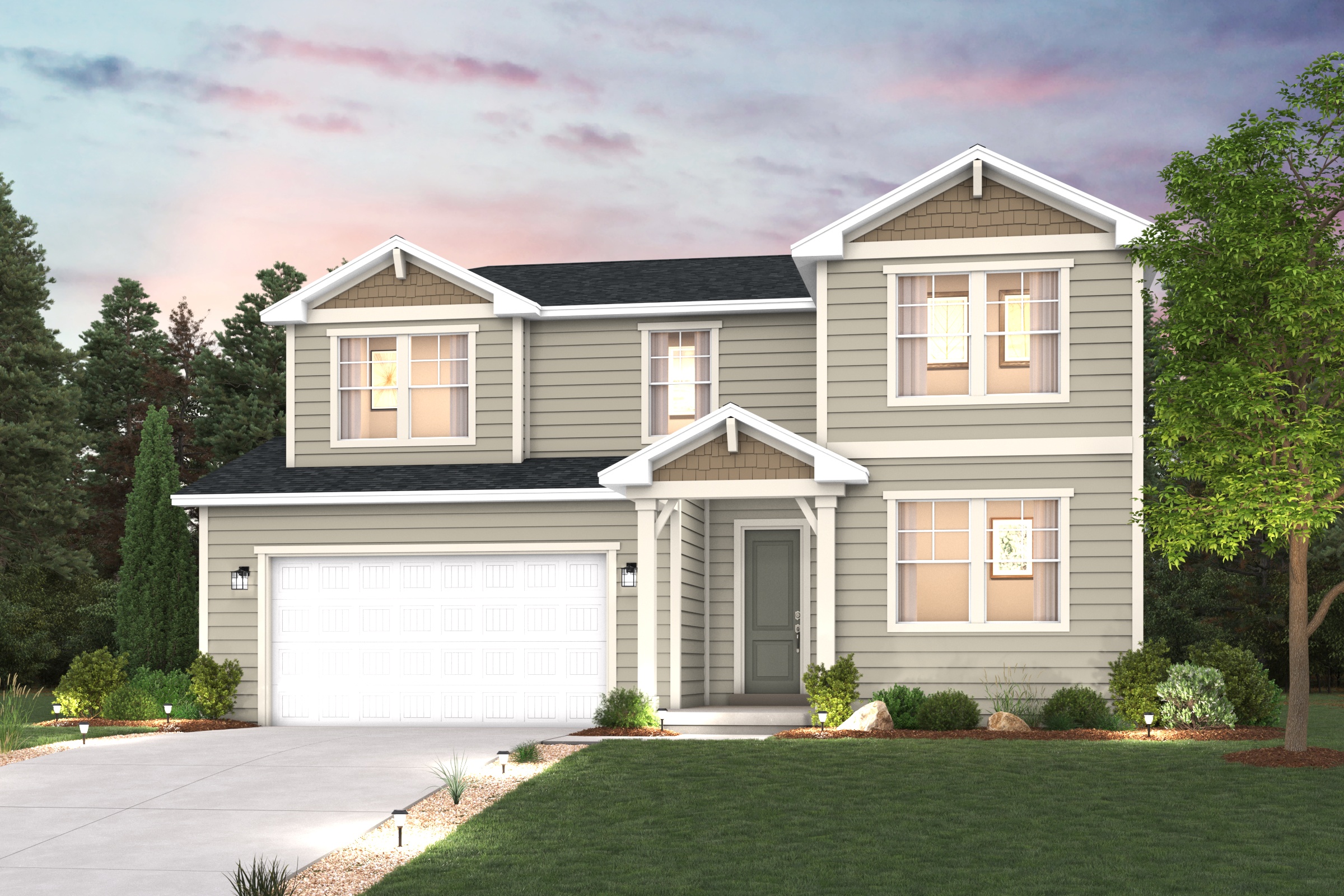 A house with a garage and trees.