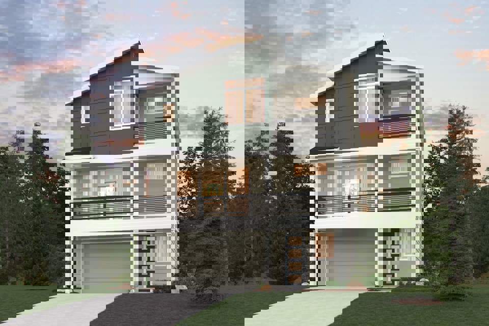 A house with trees around it.