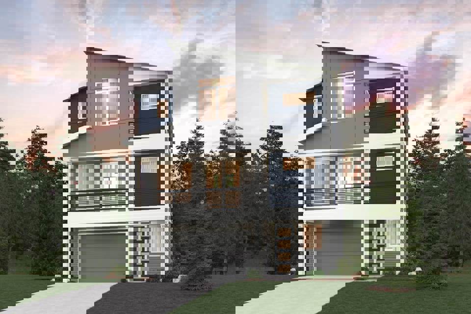 A house with trees around it.