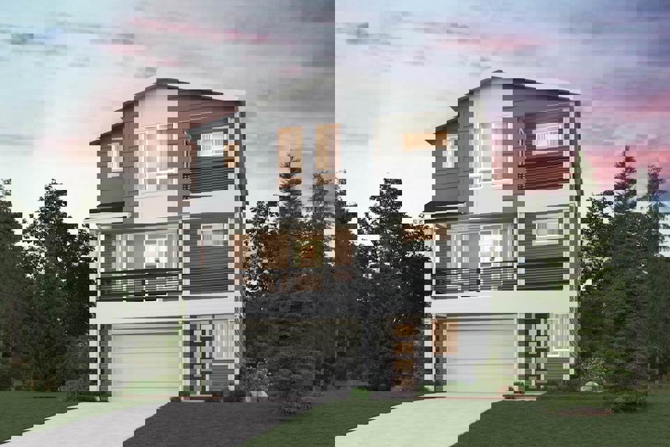 A house with trees around it.