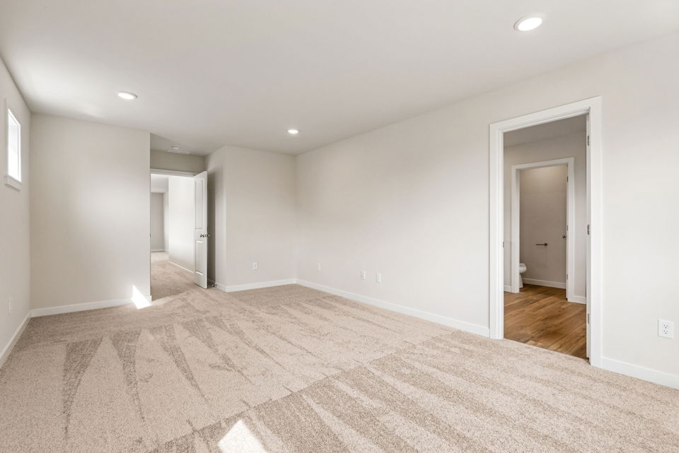 A room with a carpet and a door.