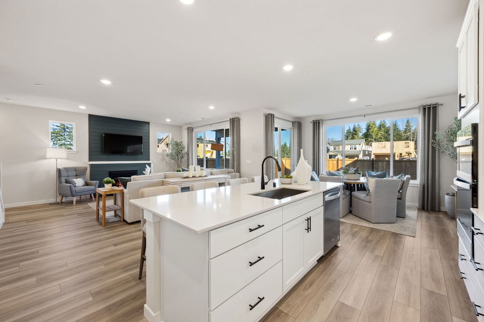 A kitchen with a large island.