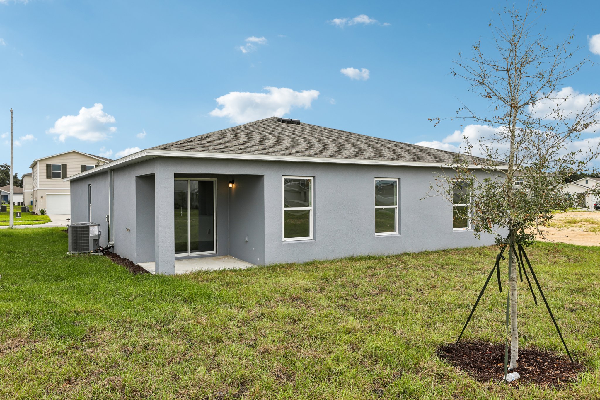 A small white house.