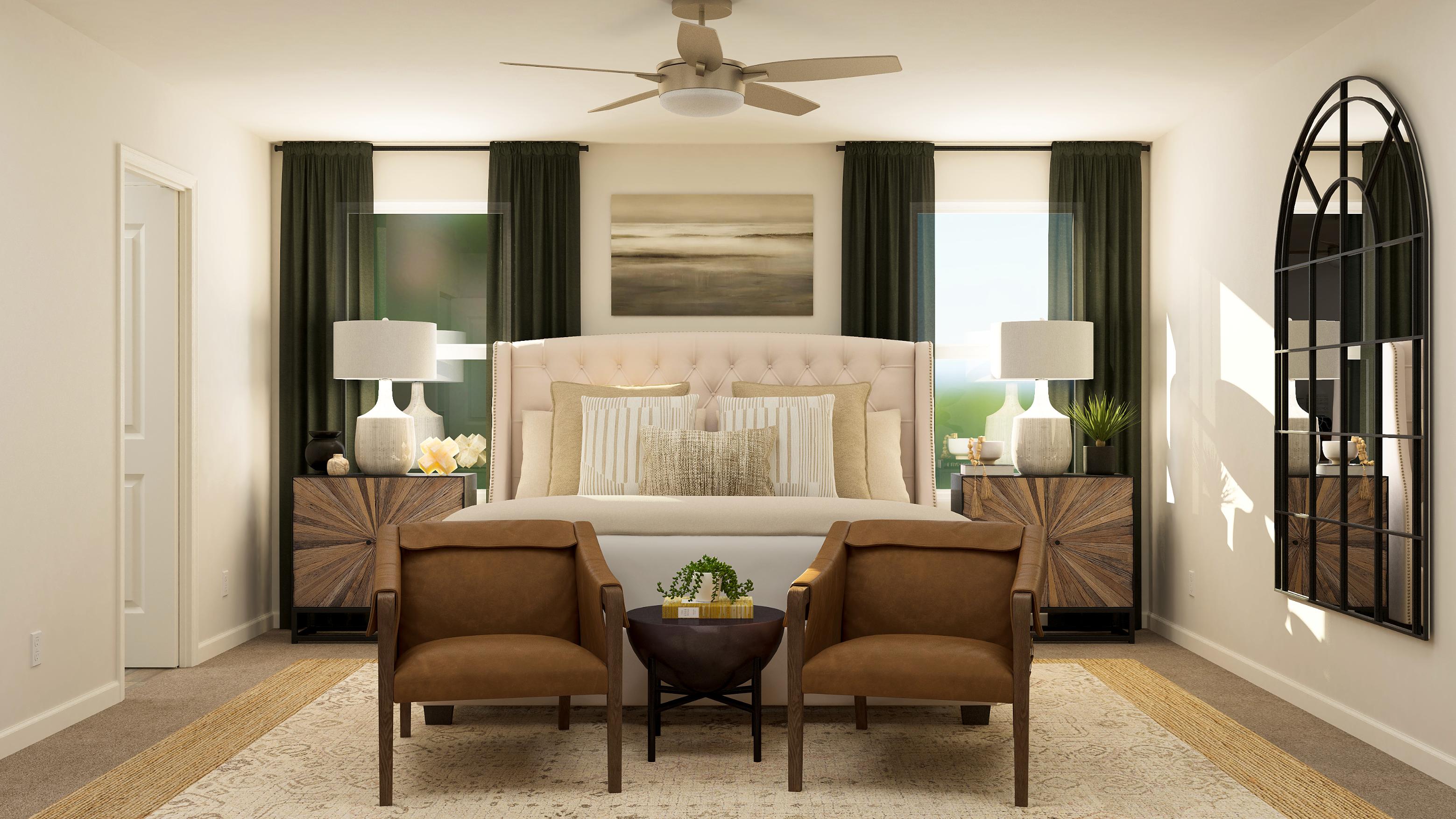 A room with a bed and chairs.