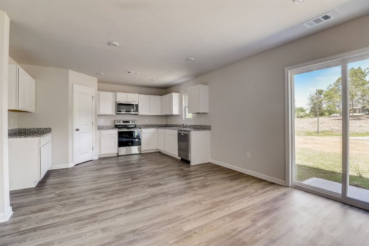 A kitchen with white cabinets.